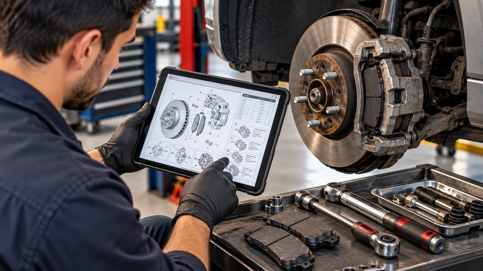 Technician reviewing factory brake service specifications