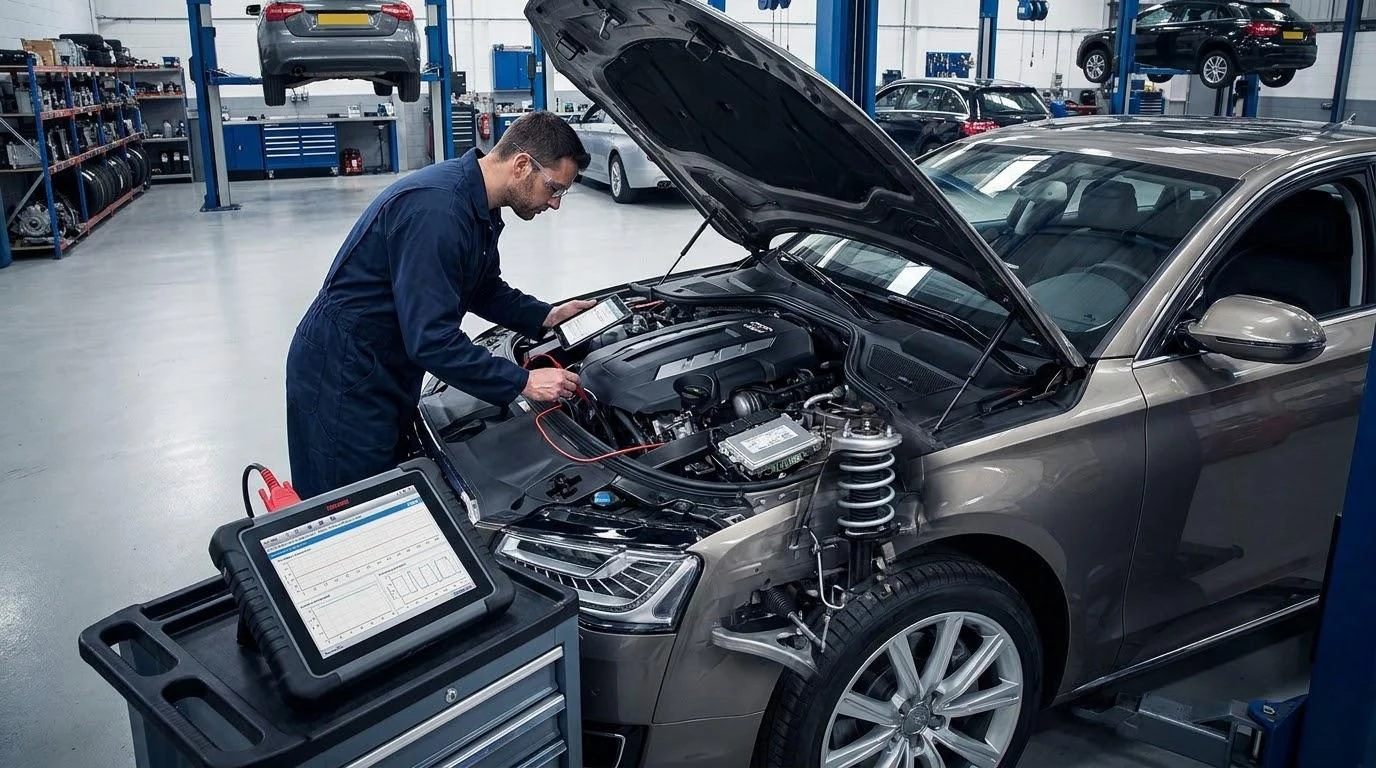 Mechanic inspecting vehicle mileage before repair estimate