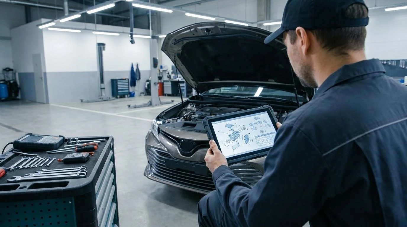 Technician reviewing factory workshop manual on tablet Factory repair information is useful even when a service contract is in place.