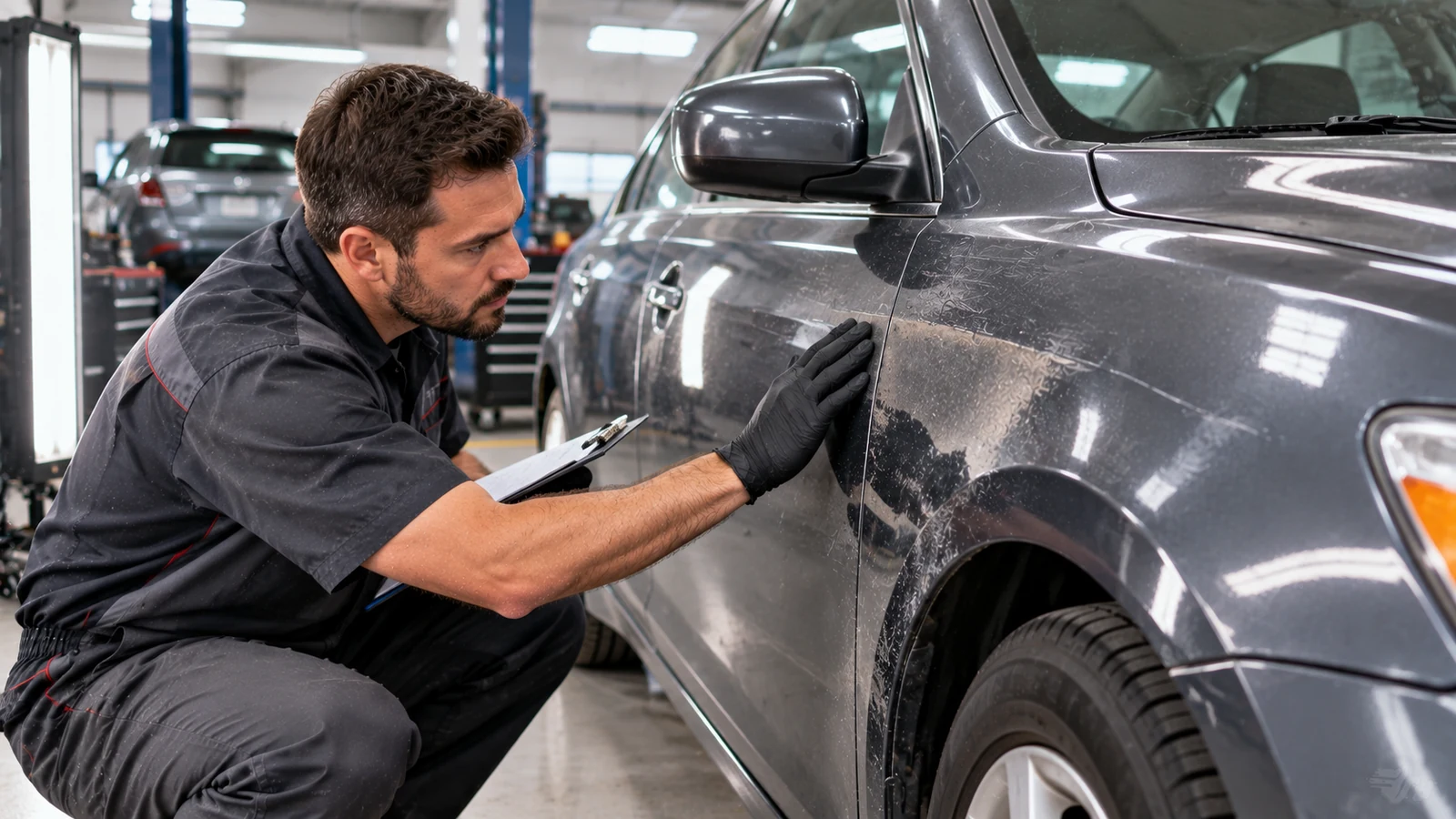 Technician inspecting car before professional paint job estimate