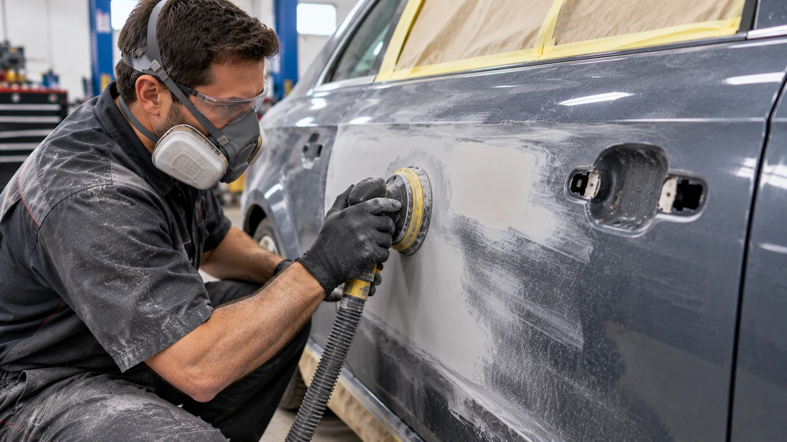 Technician sanding car panel before automotive repainting