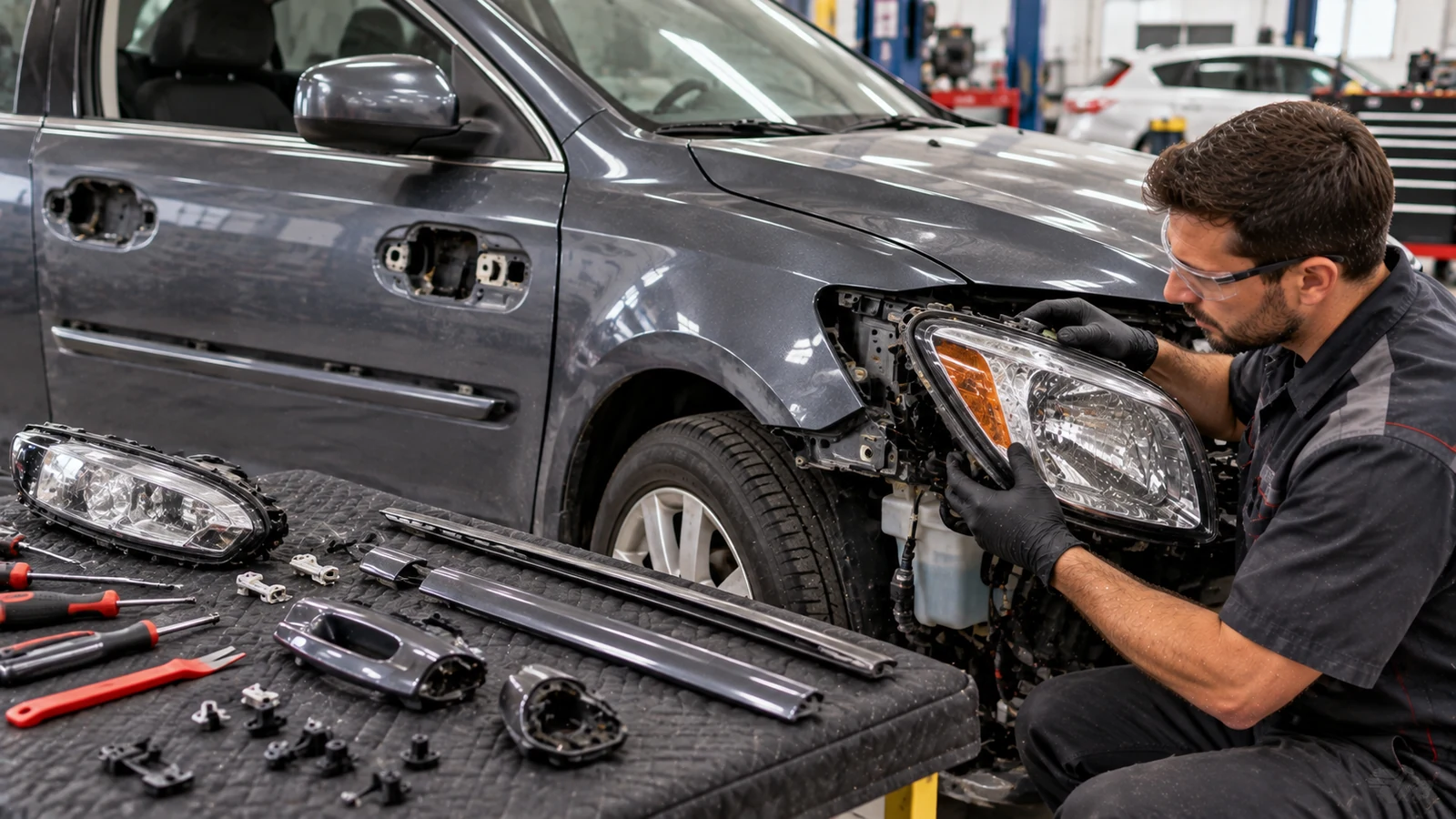 Mechanic removing exterior trim before car repainting