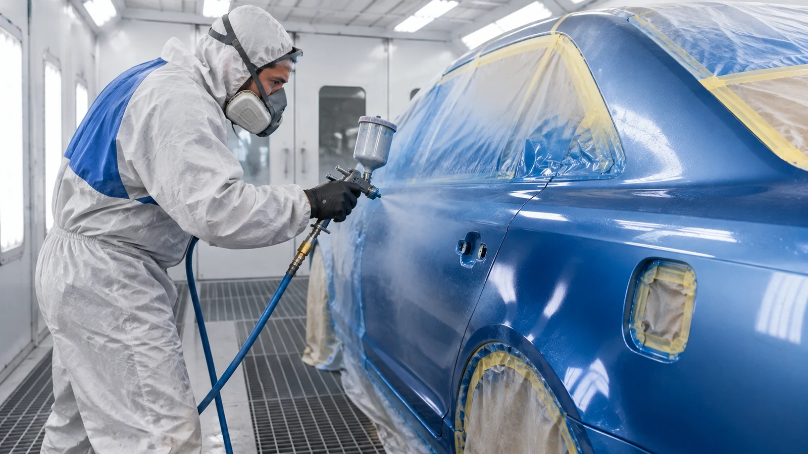 Professional applying automotive paint inside spray booth
