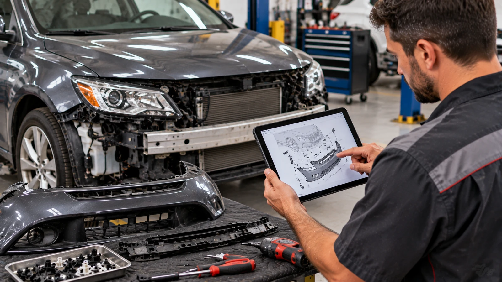 Mechanic reviewing body trim removal repair manual
