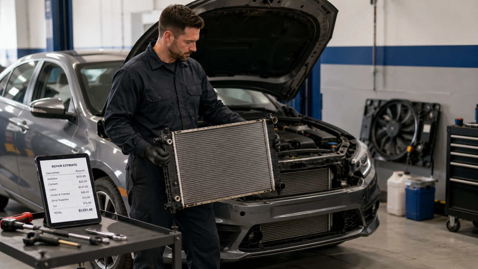 Mechanic comparing a used and a new replacement radiator
