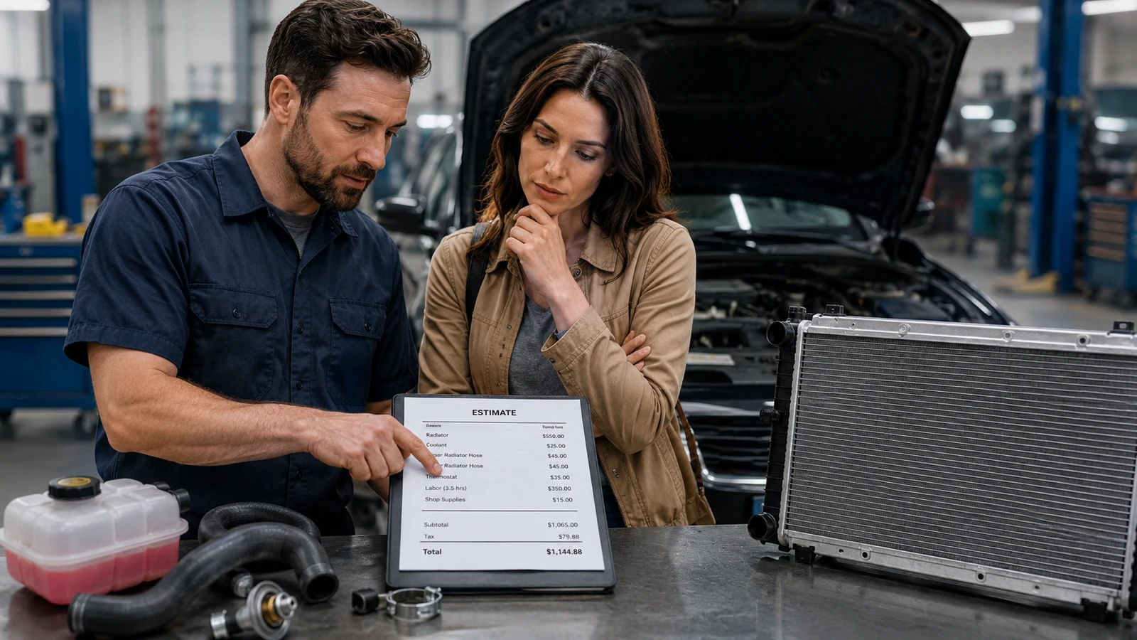 Customer reviewing a radiator repair estimate with a mechanic