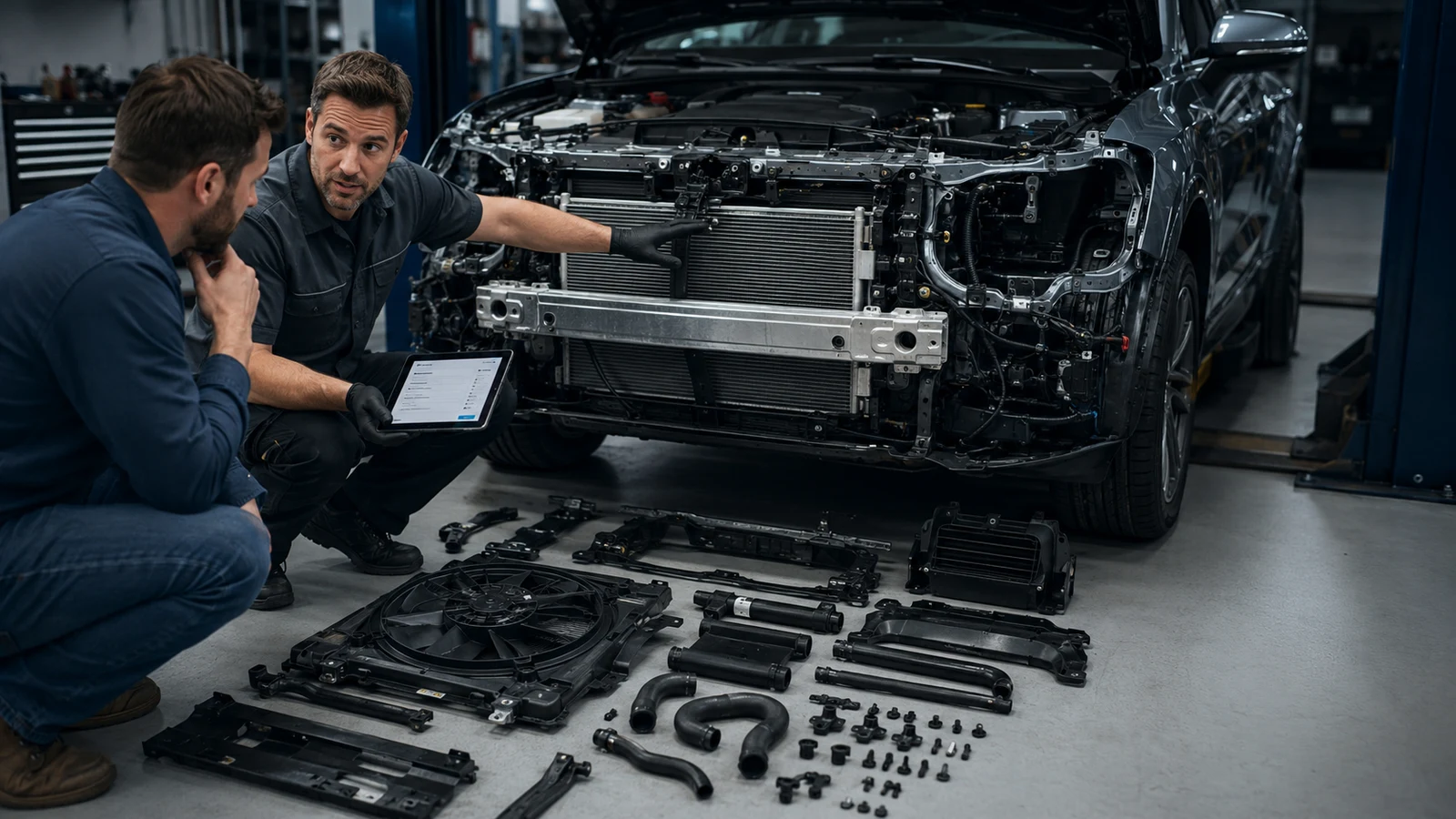 Mechanic comparing damaged and new radiators in a repair shop