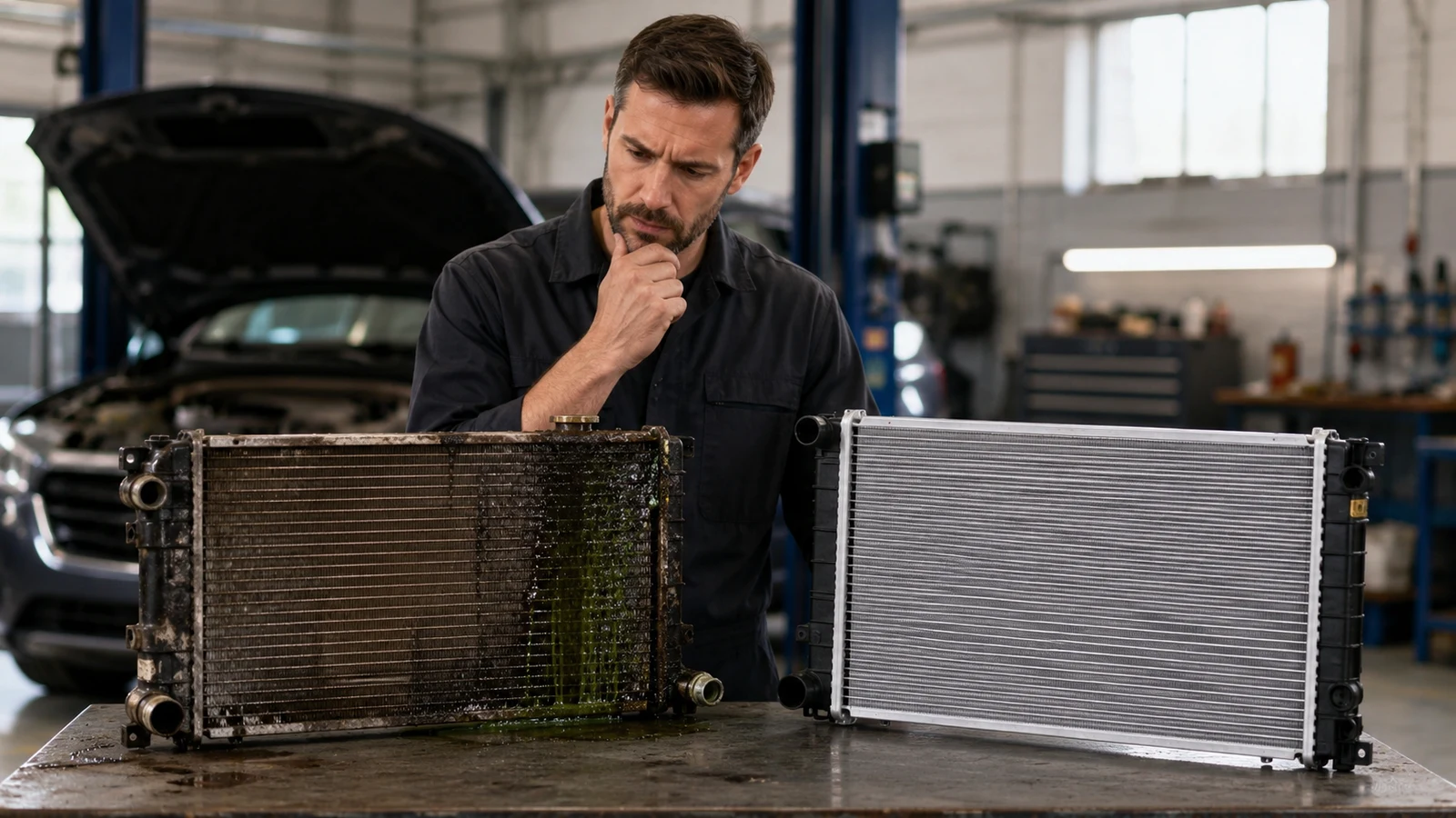 Mechanic reviewing an itemized radiator repair quote with a customer