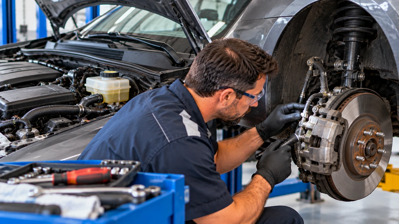 Mechanic inspecting brake hydraulic system before bleeding