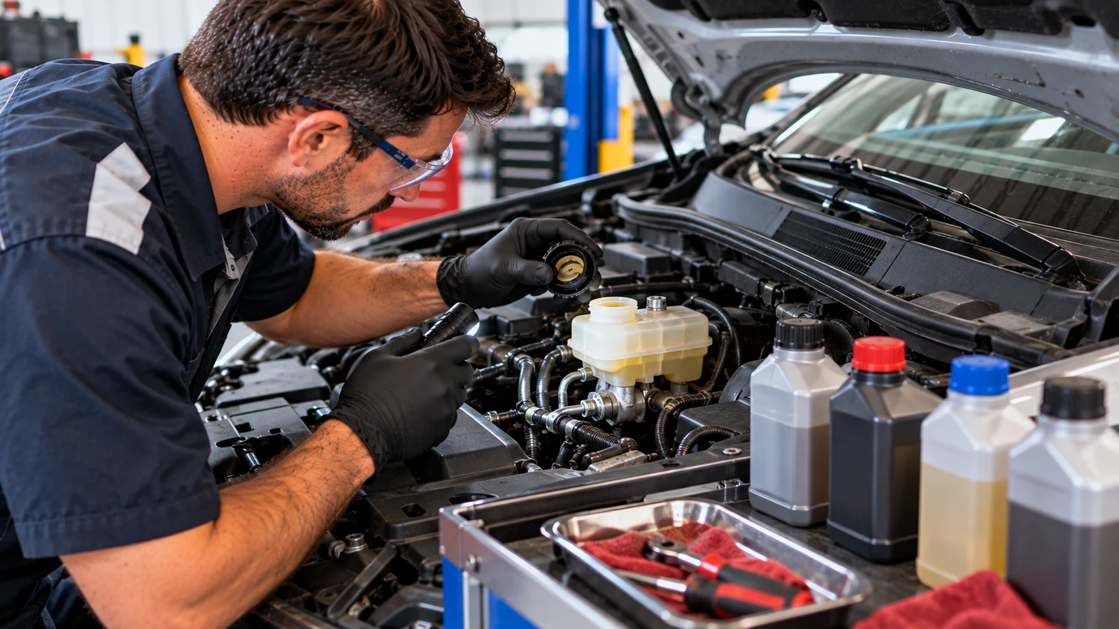 A gloved mechanic inspects a car's brake fluid reservoir with a flashlight while several bottles of different brake fluids sit nearby