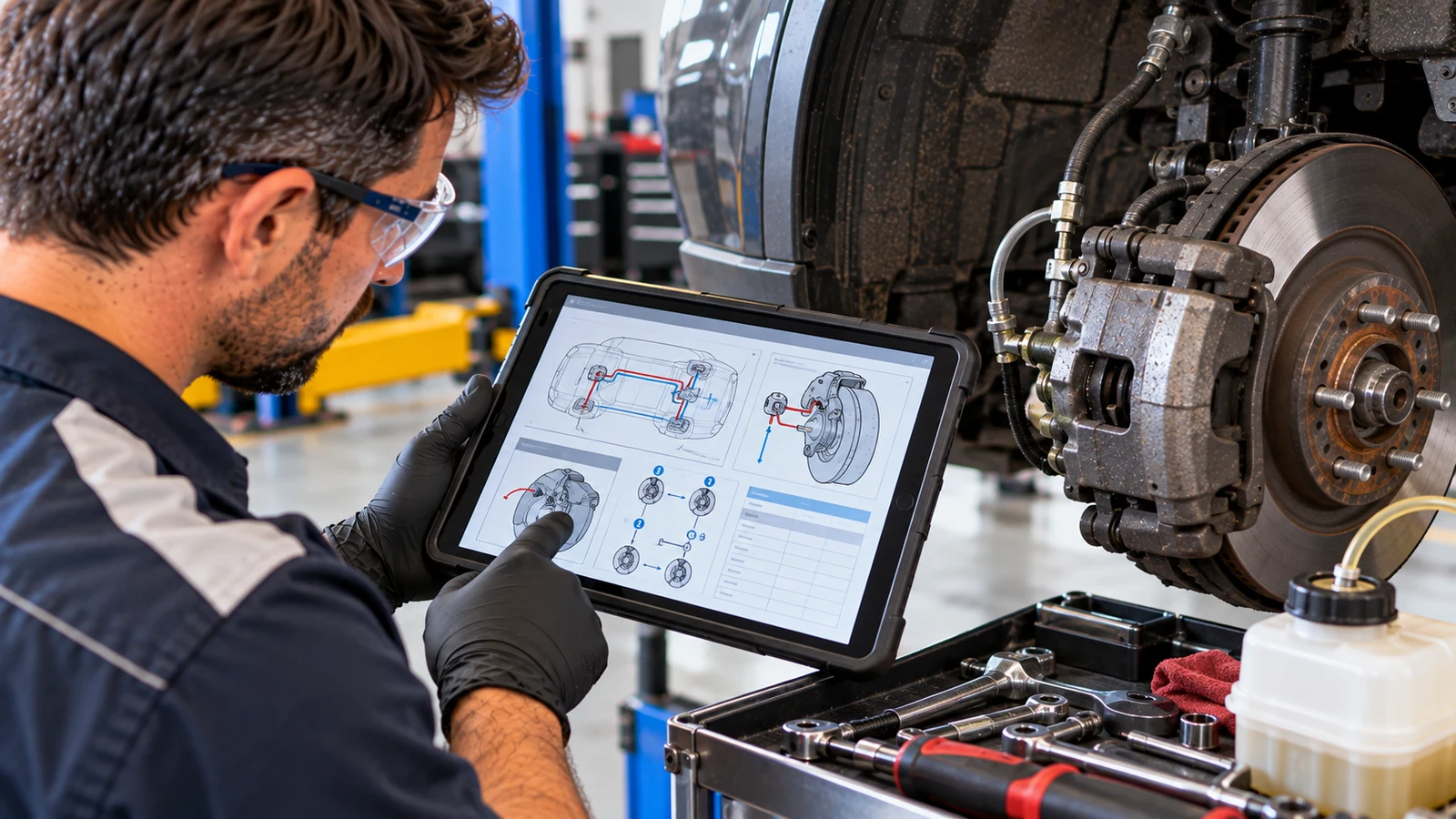 Factory brake bleeding procedure checked on tablet
