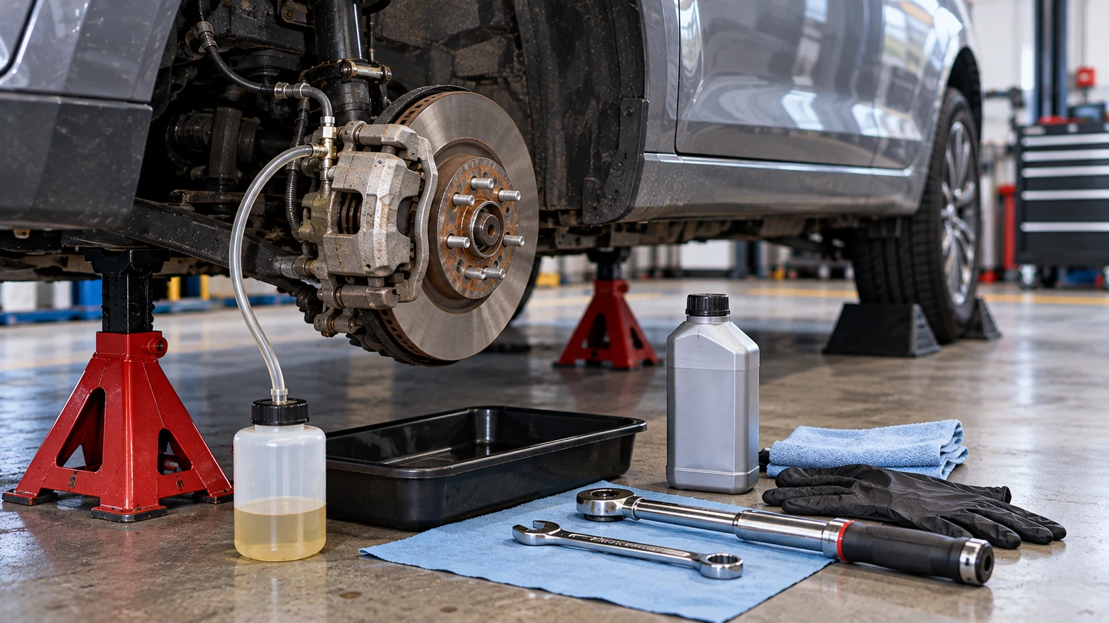 Brake bleeding tools beside safely supported vehicle