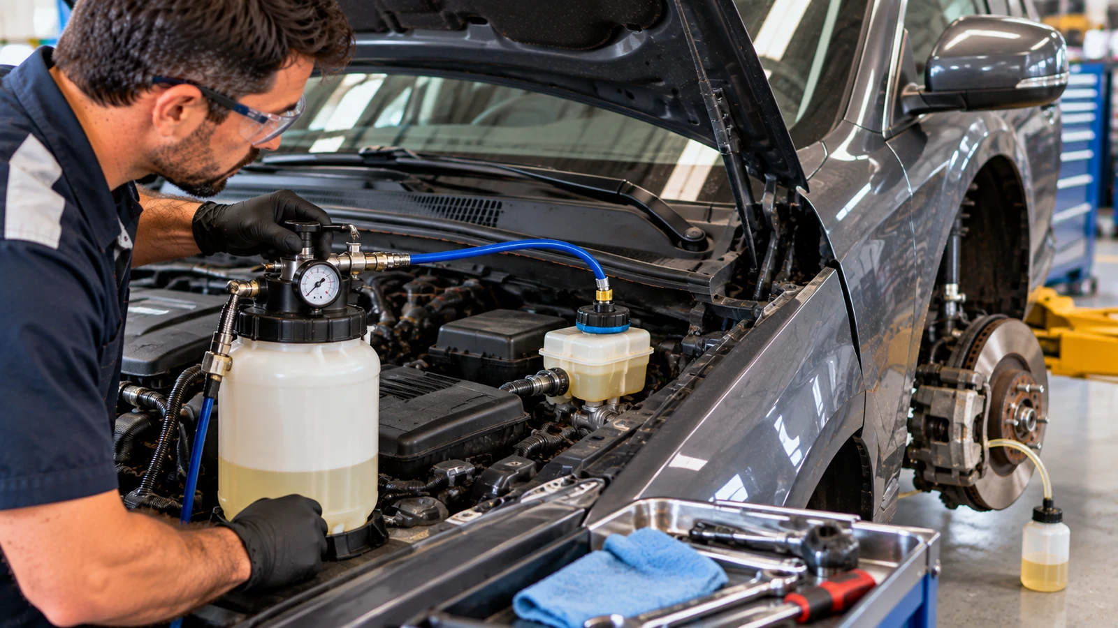 Pressure bleeder connected to brake fluid reservoir
