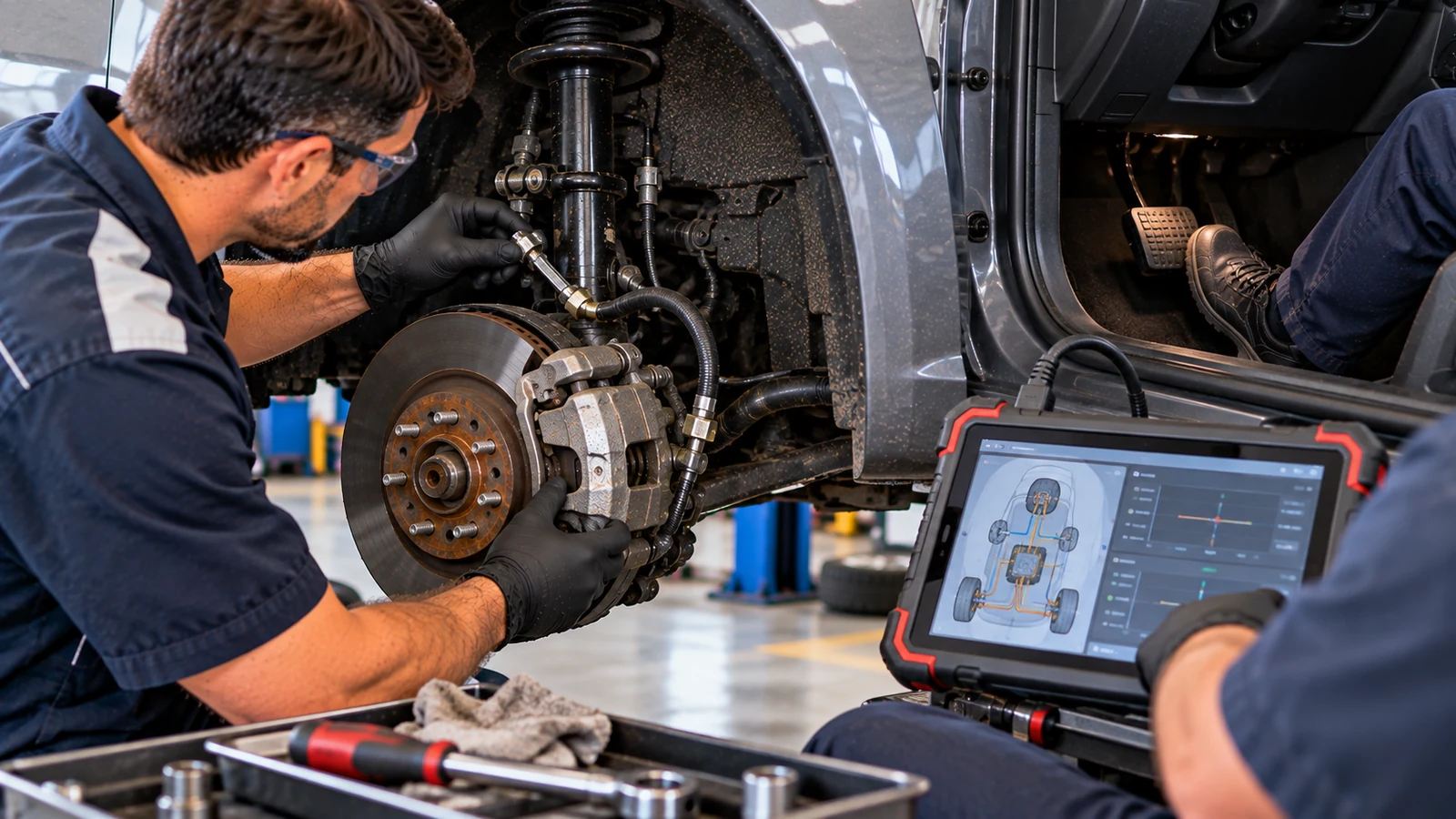Technician diagnosing soft brake pedal after bleeding