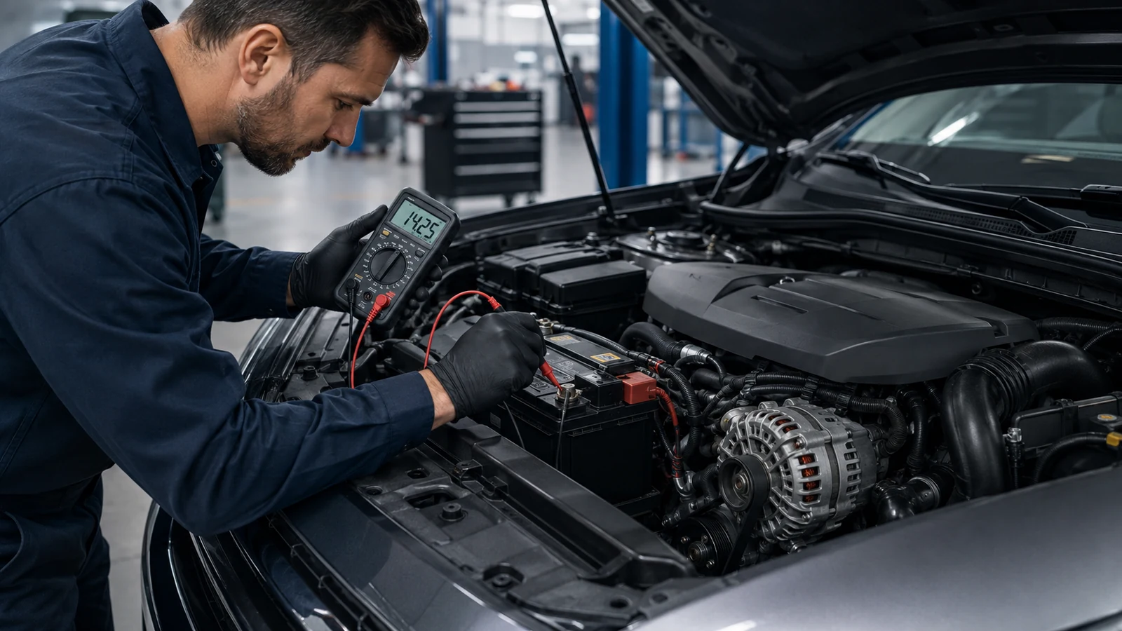Mechanic testing alternator with digital multimeter