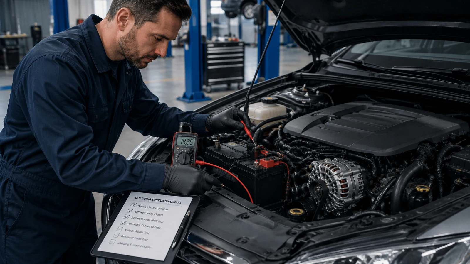 Mechanic performing systematic alternator diagnostic tests