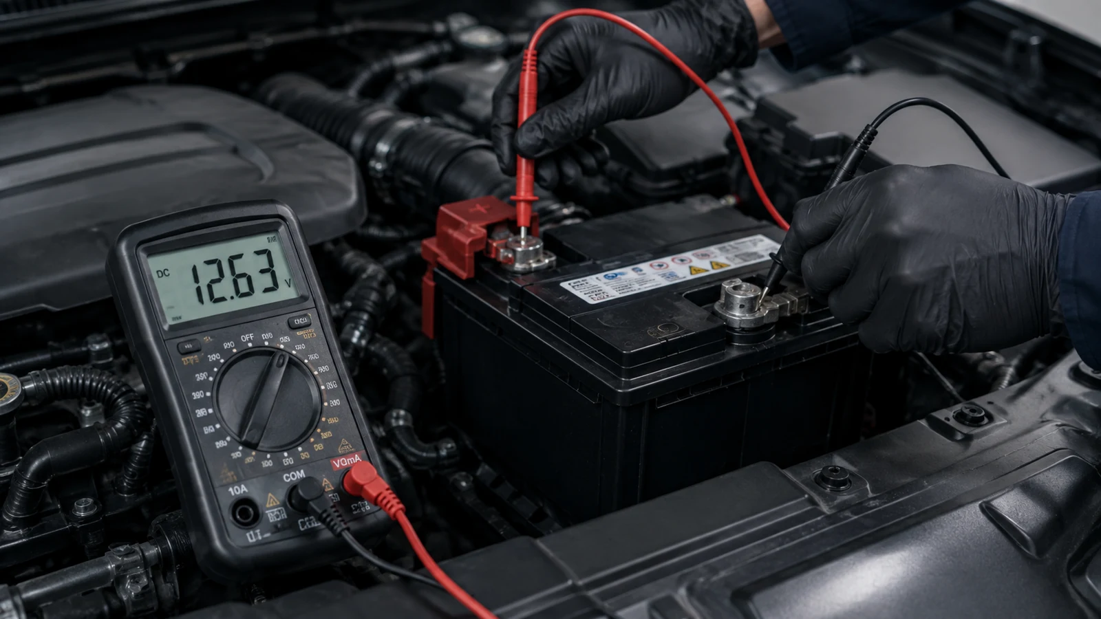 Multimeter checking car battery resting voltage