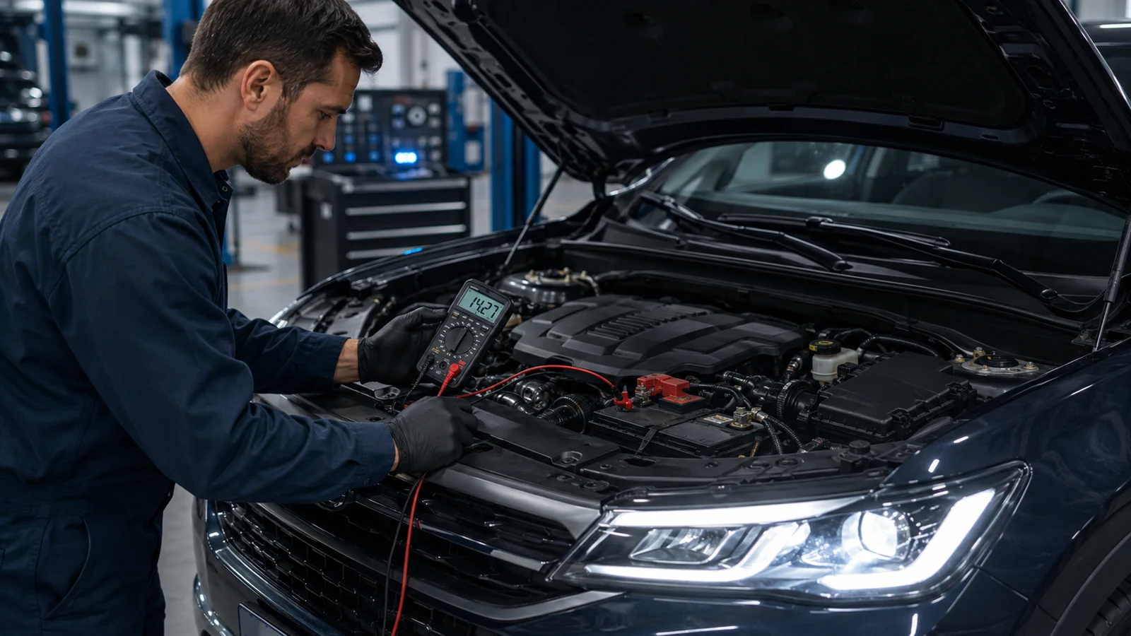 Mechanic testing alternator under electrical load
