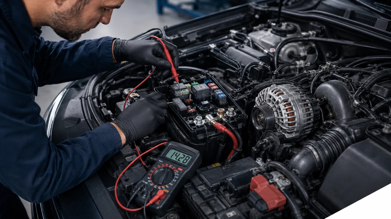 Mechanic testing alternator under electrical load