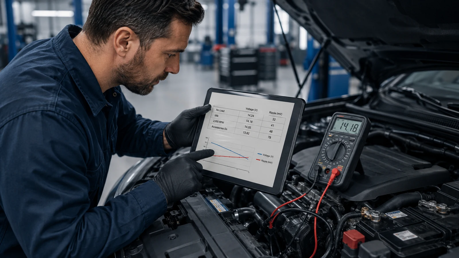 Mechanic comparing multiple charging system readings