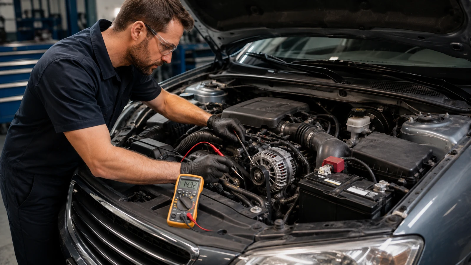 Mechanic testing alternator with digital multimeter