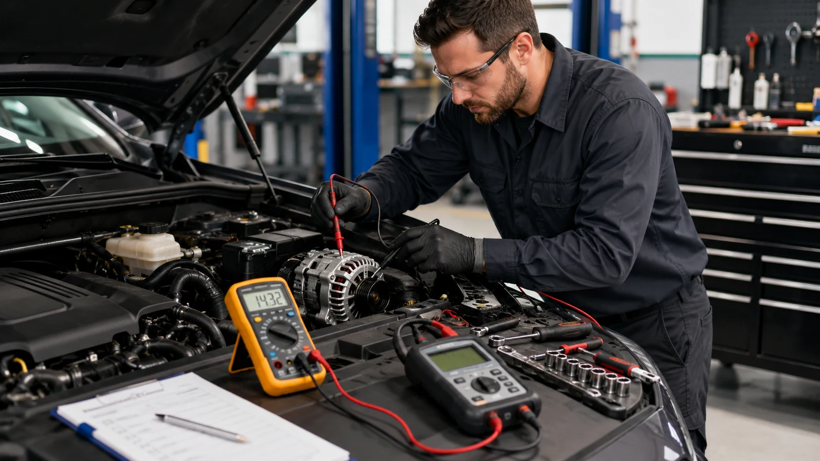 Mechanic performing systematic alternator diagnostic tests