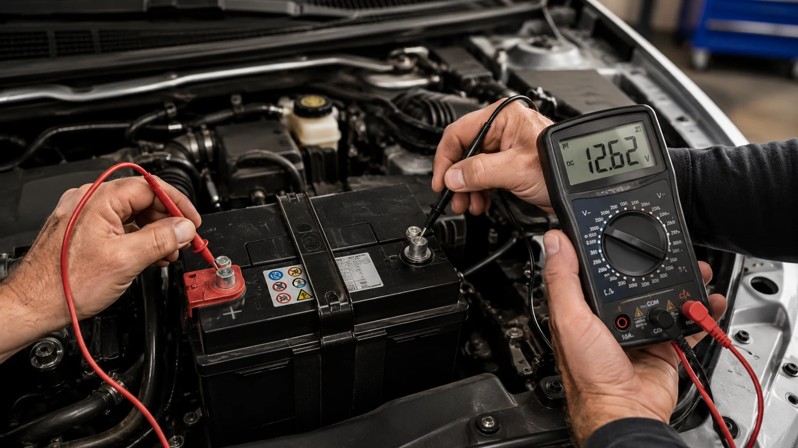 Testing car battery voltage with multimeter