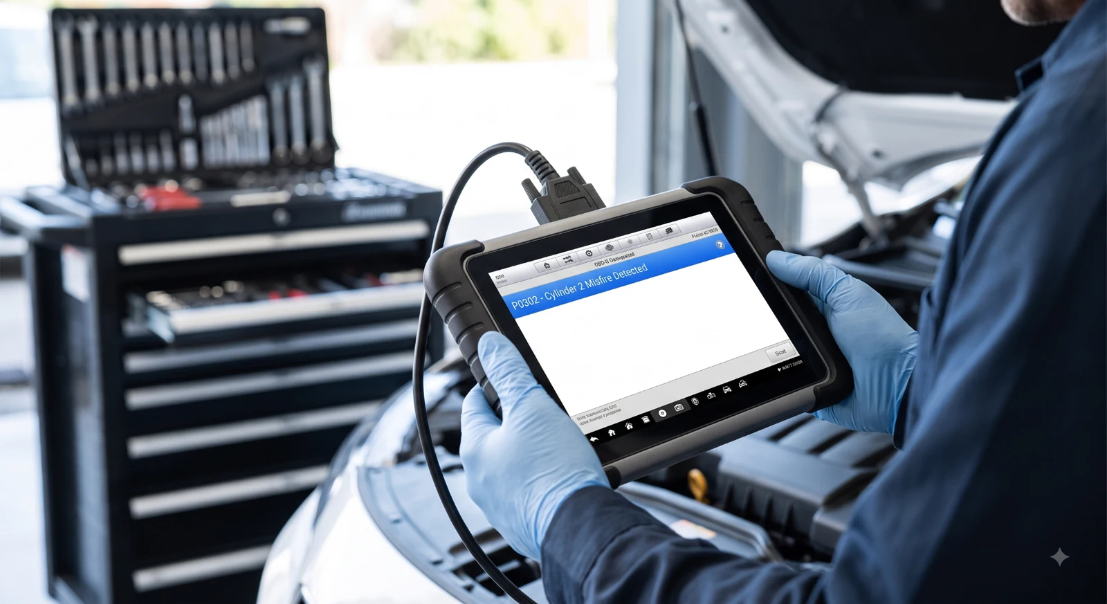 Technician checking P0302 code.