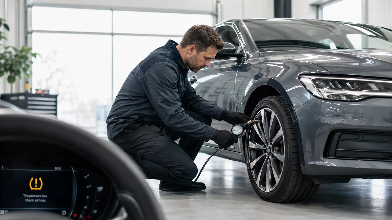 Technician checking low tire pressure warning
