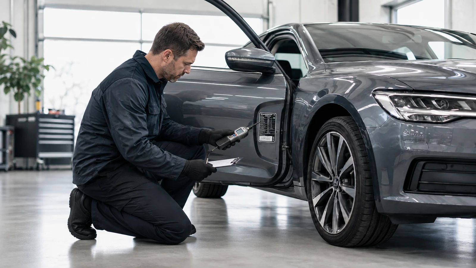 Technician checking recommended tire pressure specification