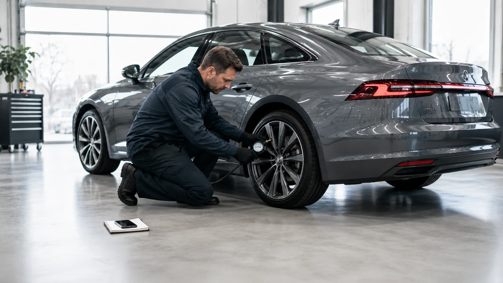 Mechanic measuring pressure on all tires