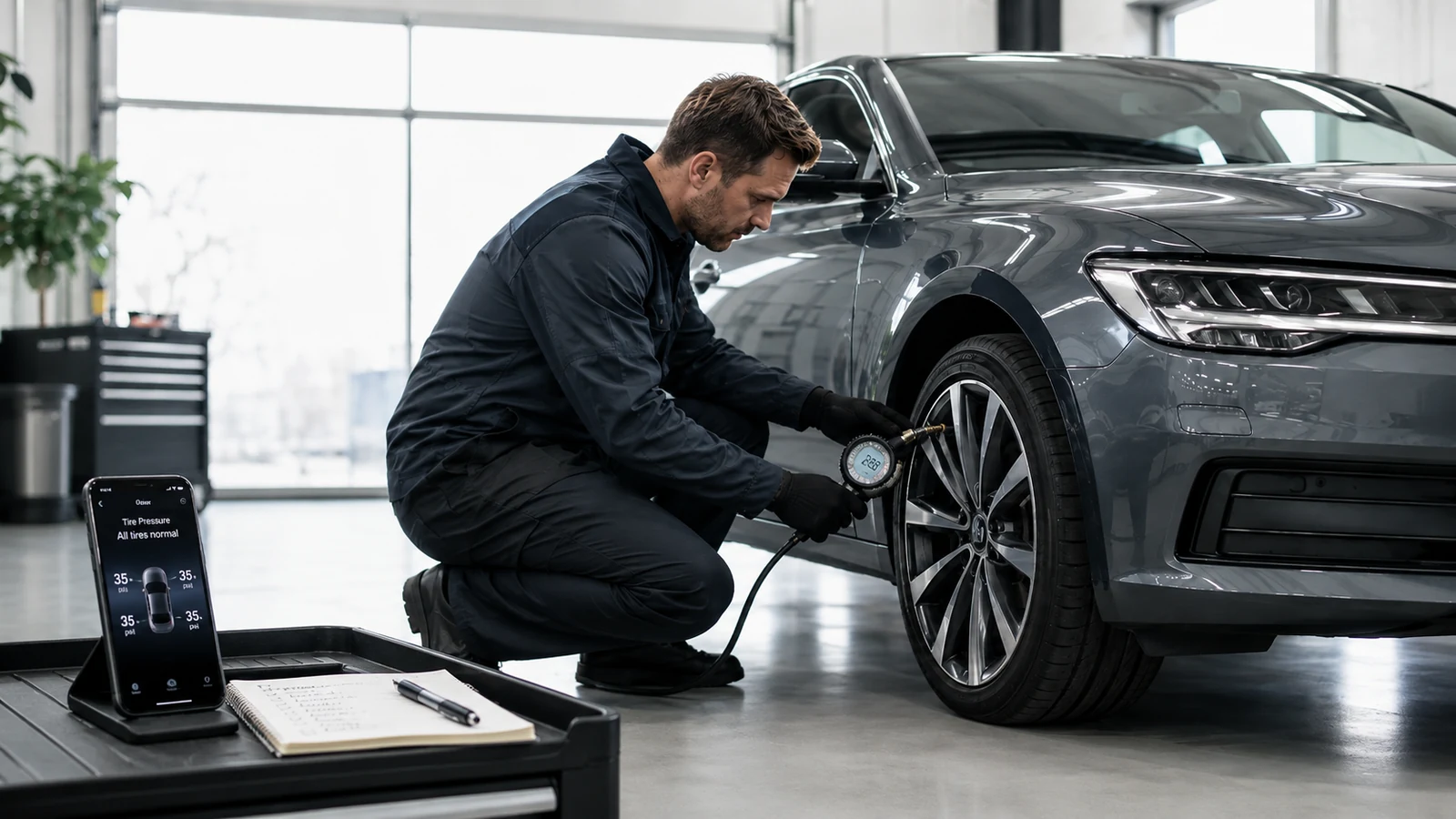 Technician monitoring tire pressure after inflation
