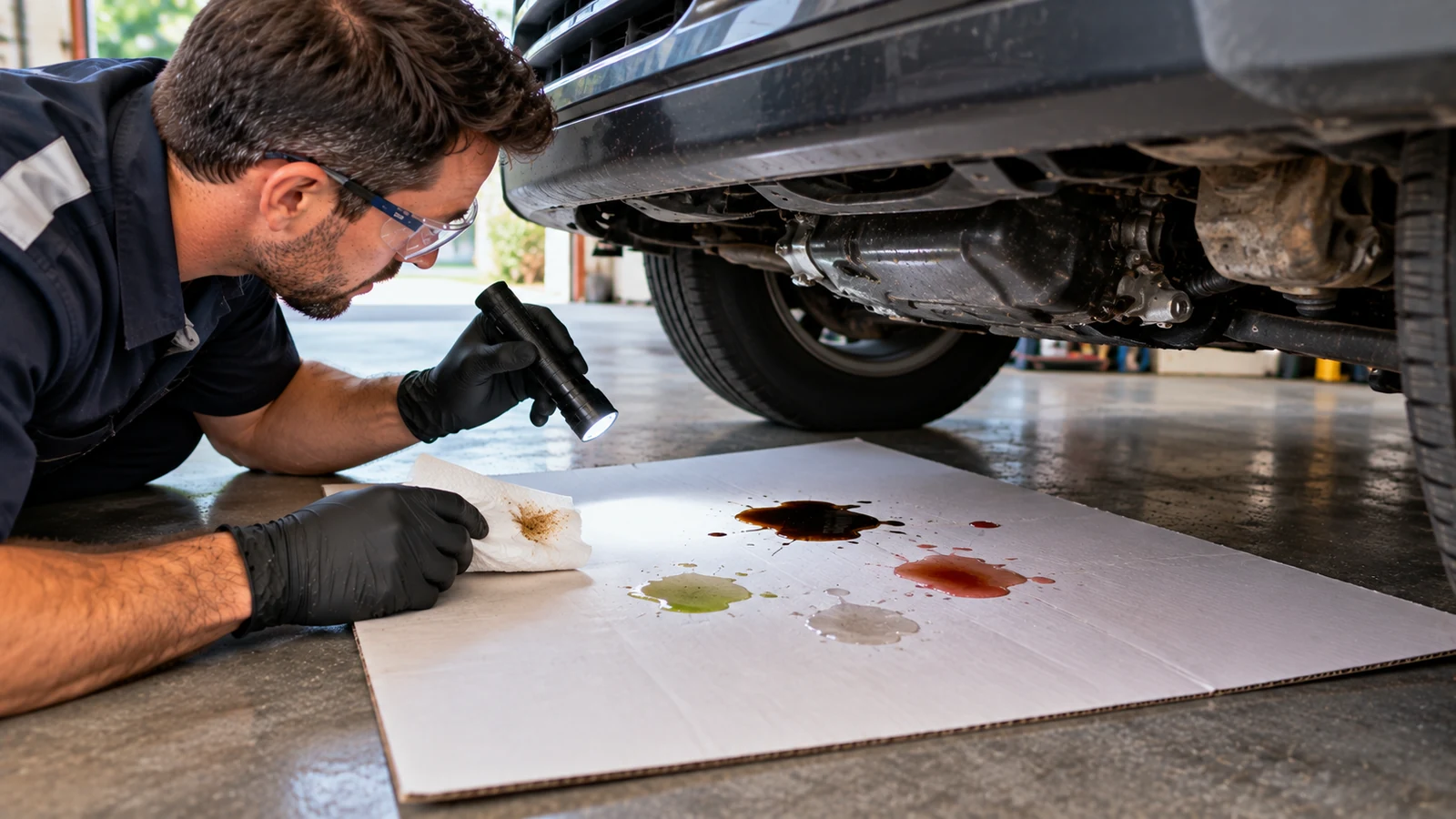 Car fluid leak colors on white cardboard