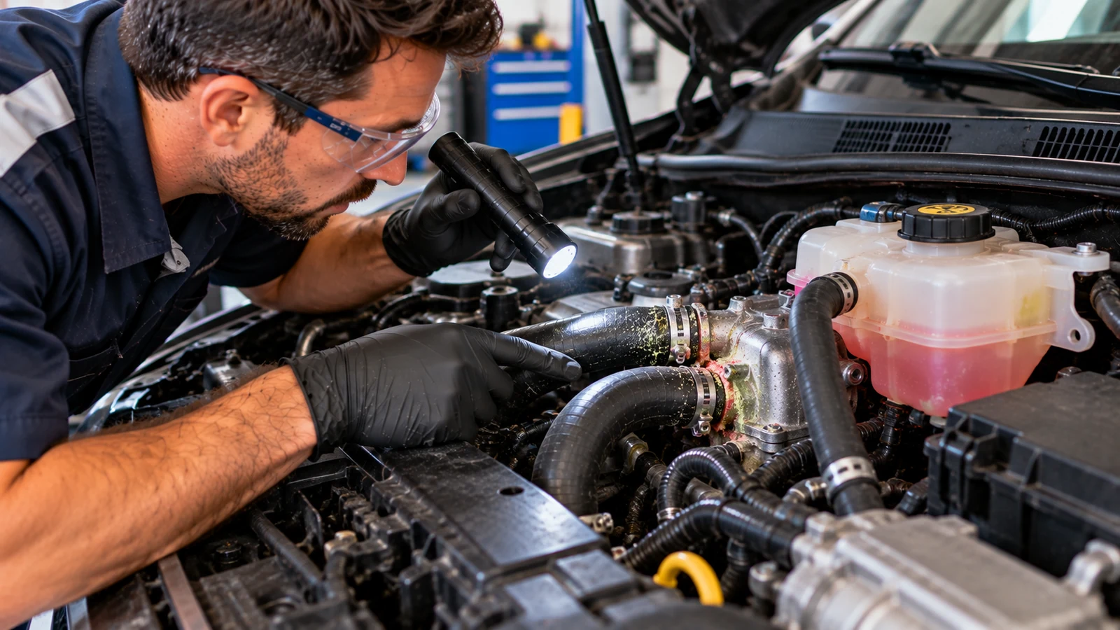Mechanic tracing coolant leak in engine bay