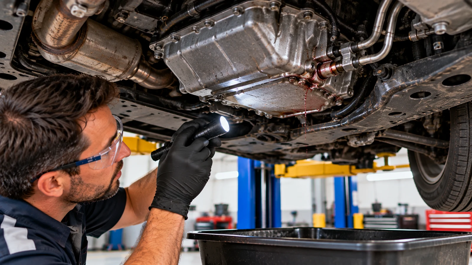 Transmission fluid leak under vehicle lift