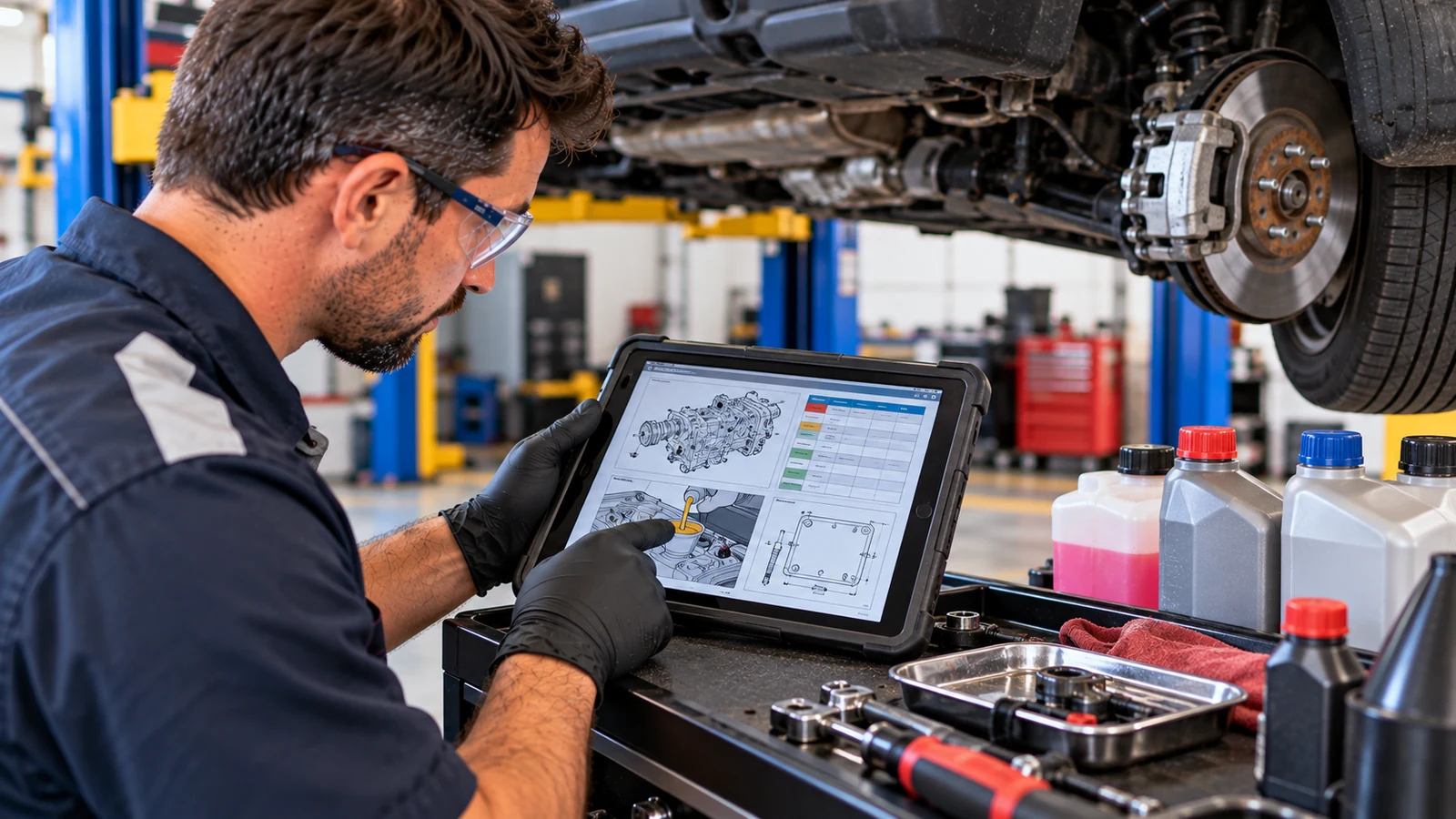 Technician checking factory fluid specifications