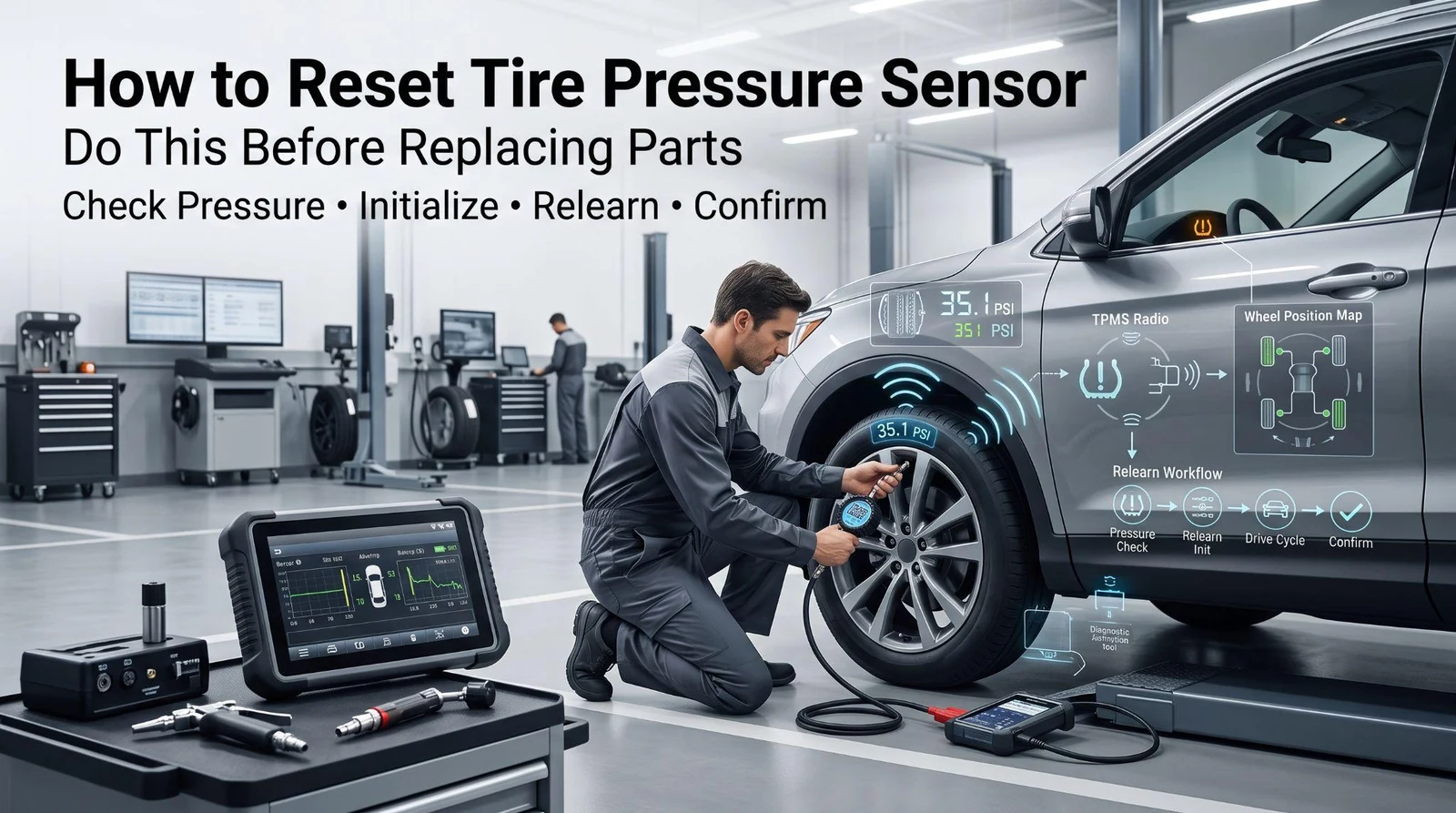 Technician resetting TPMS sensor with scanner