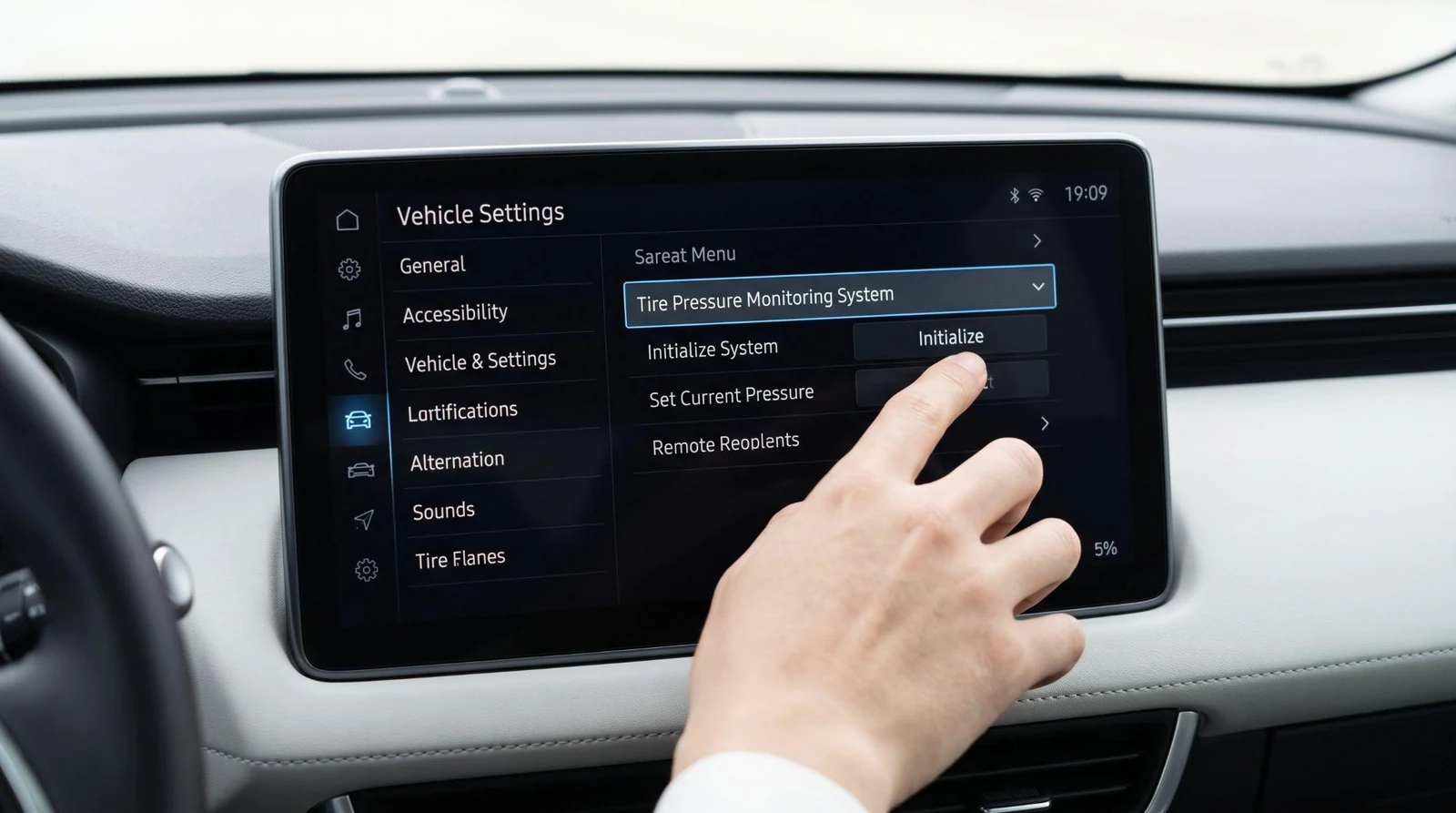 A user accessing the TPMS reset menu on car screen.