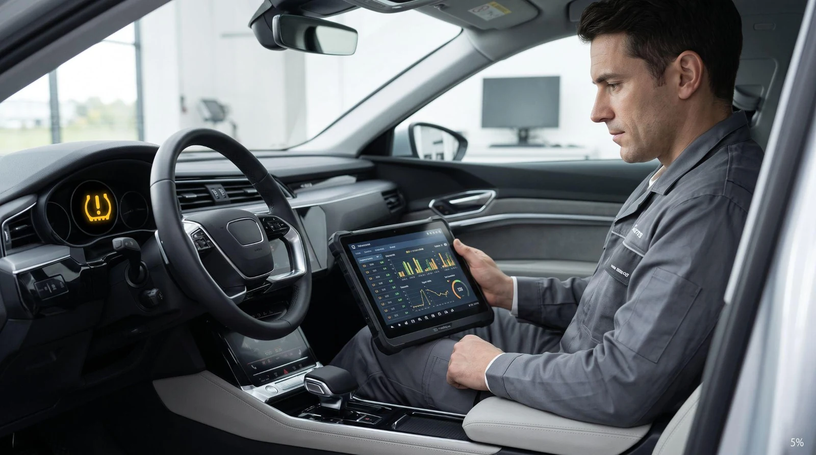 Technician interpreting complex TPMS diagnostic data on tablet.