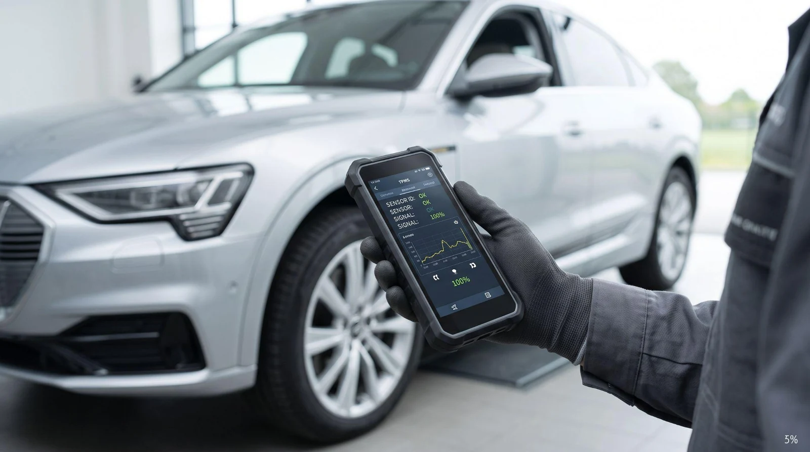 Handheld TPMS scan tool checking sensor signal strength.