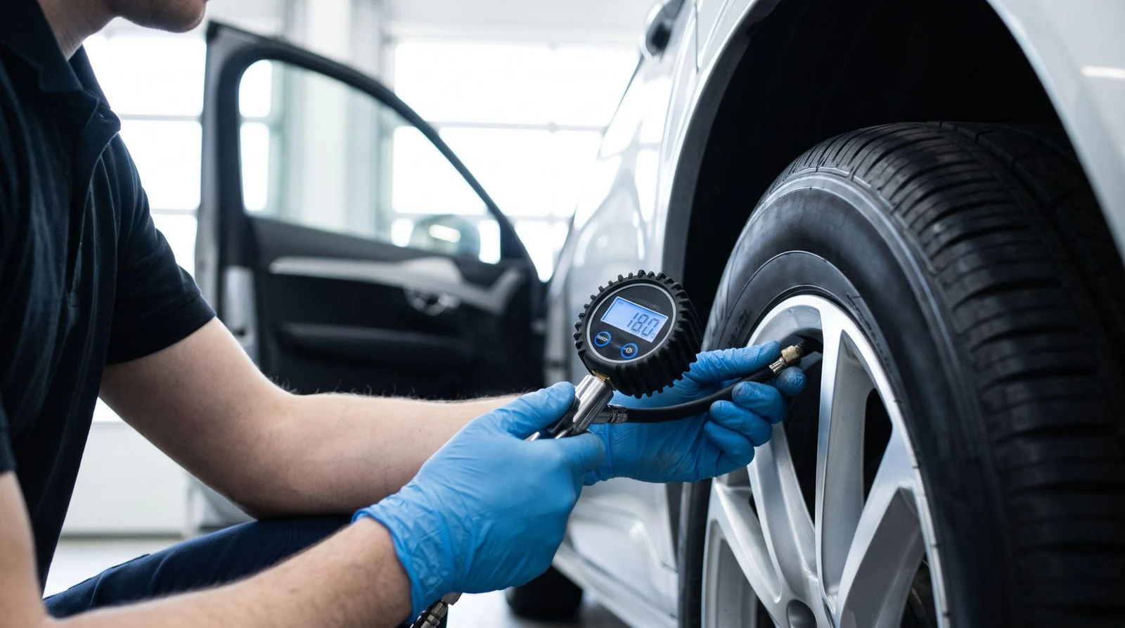 Technician checking tire pressure with digital gauge.