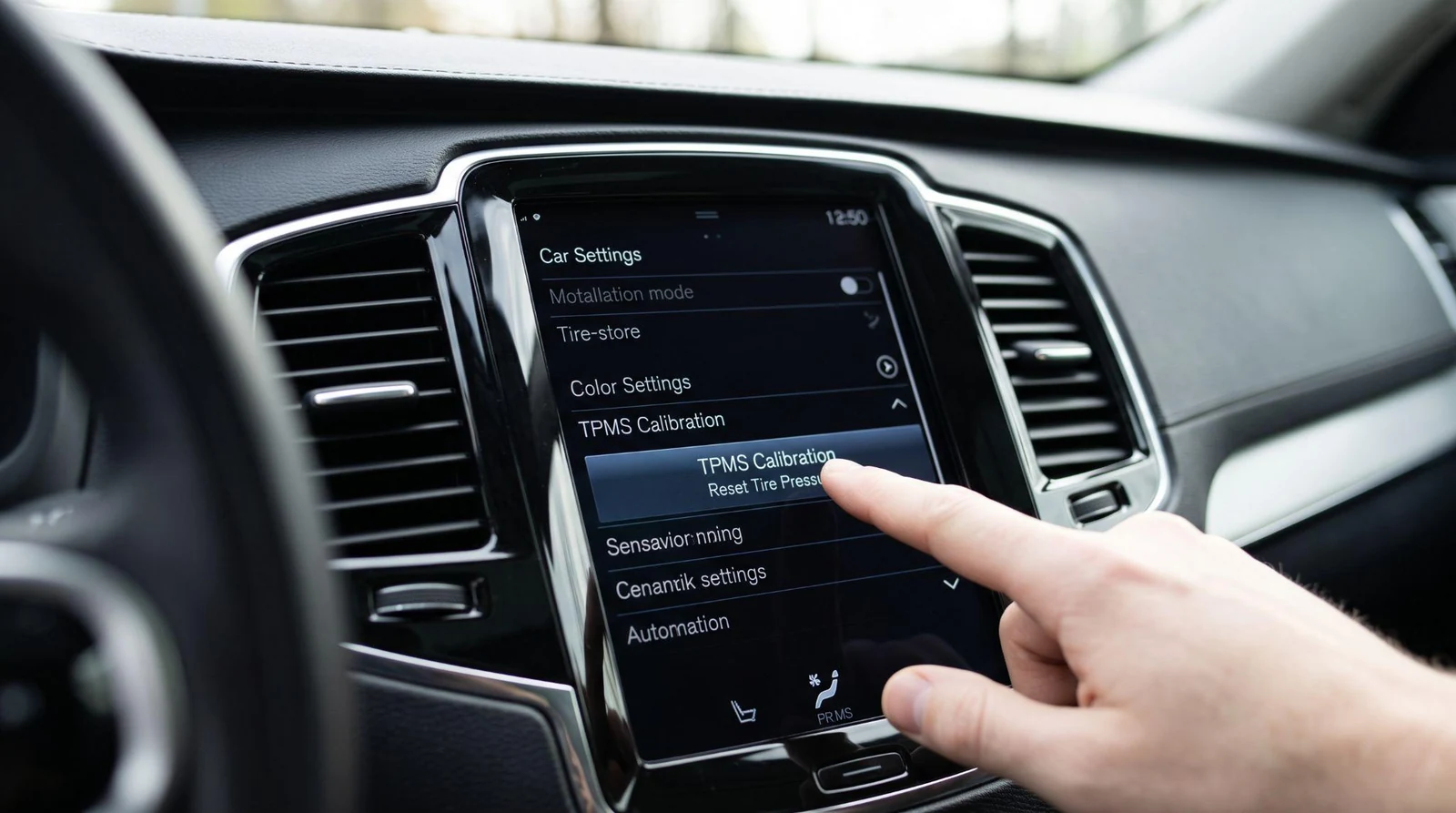 Car infotainment screen displaying TPMS reset menu.