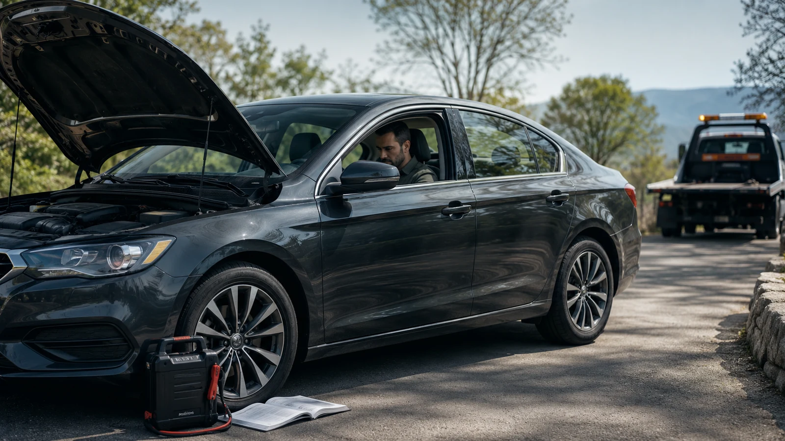 Disabled car with open hood roadside assistance