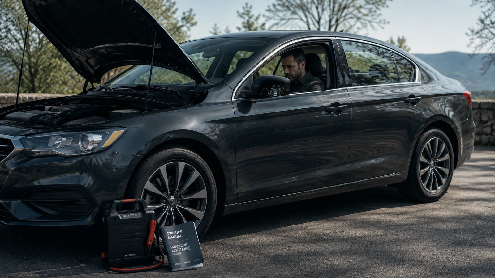 Driver checking car starting problem safely