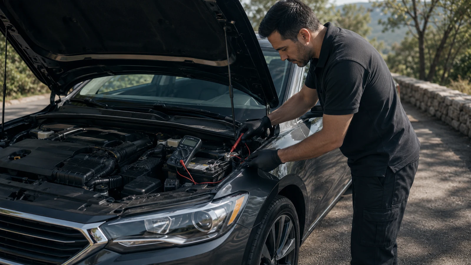 Mechanic testing car battery with multimeter
