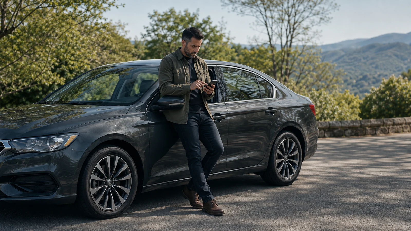 Driver checking phone beside started car