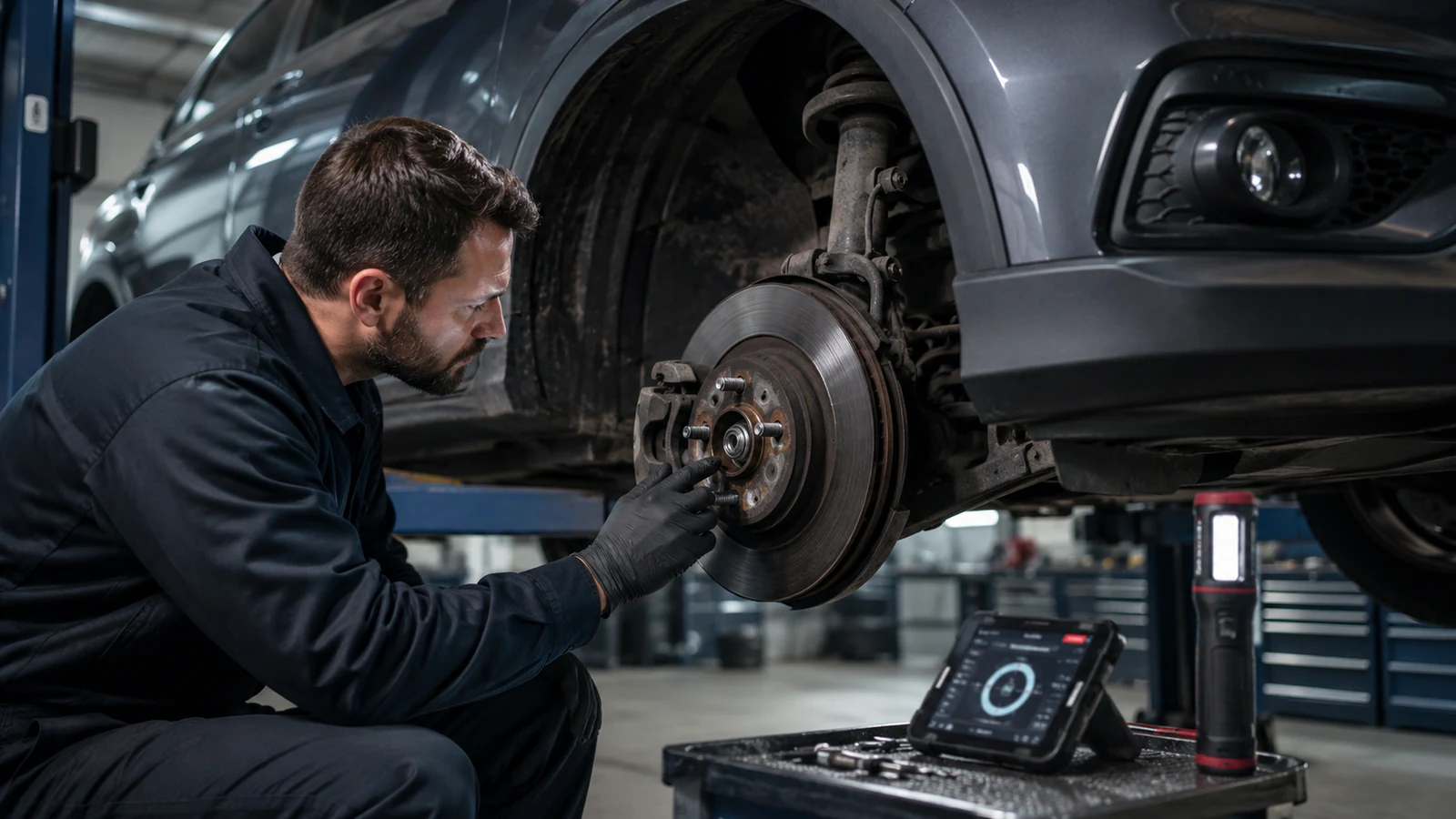 Mechanic inspecting damaged wheel bearing assembly