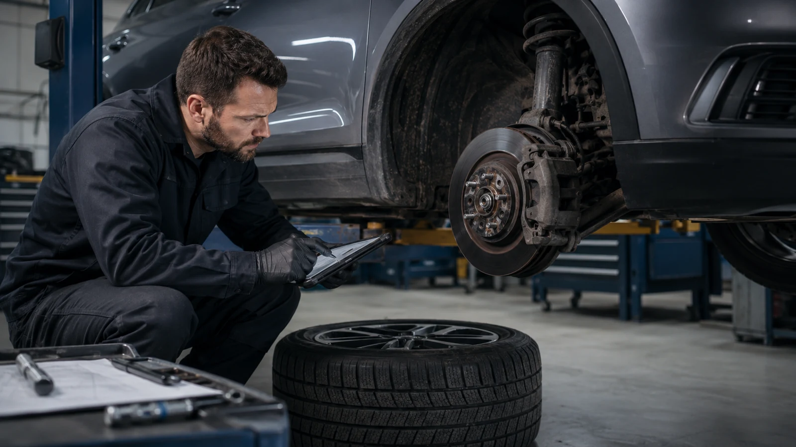 Mechanic checking wheel bearing diagnosis clues