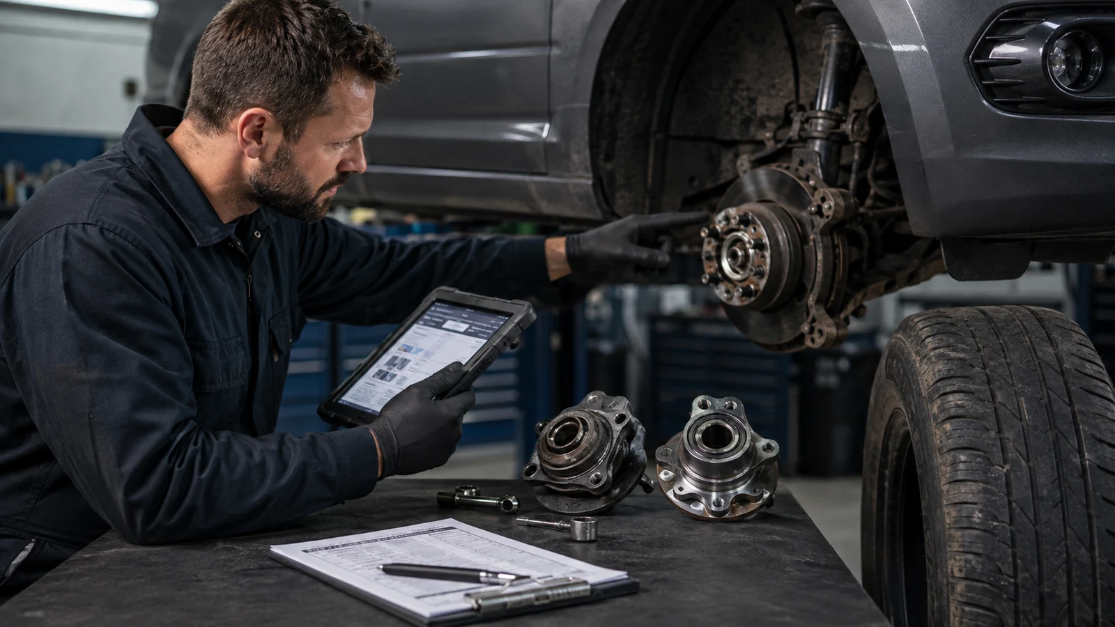Mechanic verifying wheel hub diagnosis