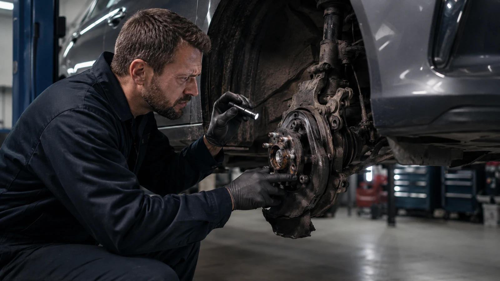 Mechanic urgently inspecting wheel hub damage